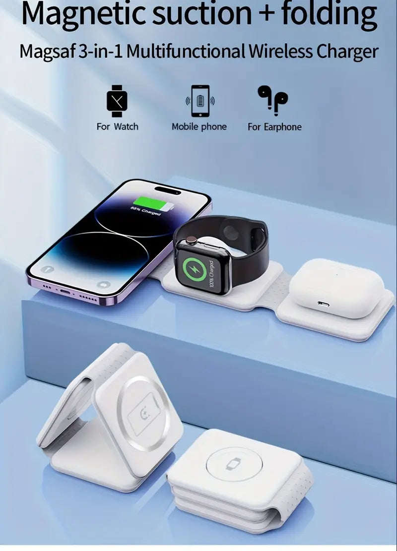 Caricabatterie Wireless Magnetico Pieghevole 3-in-1 da 15W, USB Type-C, Design Compatto per Smartphone & Dispositivi, Bianco, Caricatore Portatile