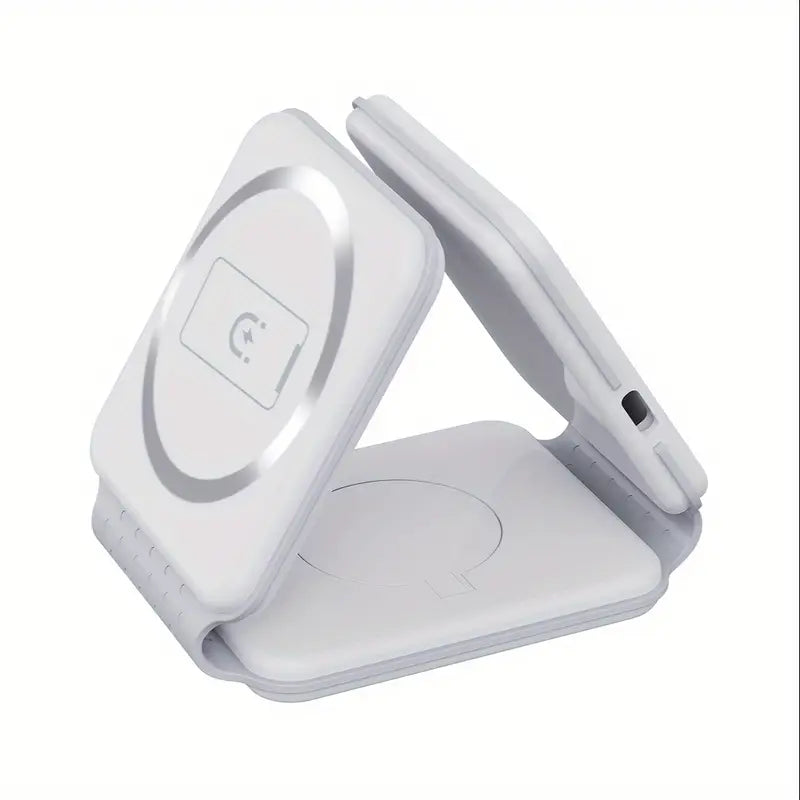 Caricabatterie Wireless Magnetico Pieghevole 3-in-1 da 15W, USB Type-C, Design Compatto per Smartphone & Dispositivi, Bianco, Caricatore Portatile