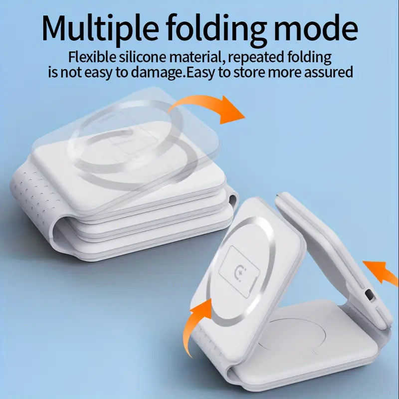 Caricabatterie Wireless Magnetico Pieghevole 3-in-1 da 15W, USB Type-C, Design Compatto per Smartphone & Dispositivi, Bianco, Caricatore Portatile