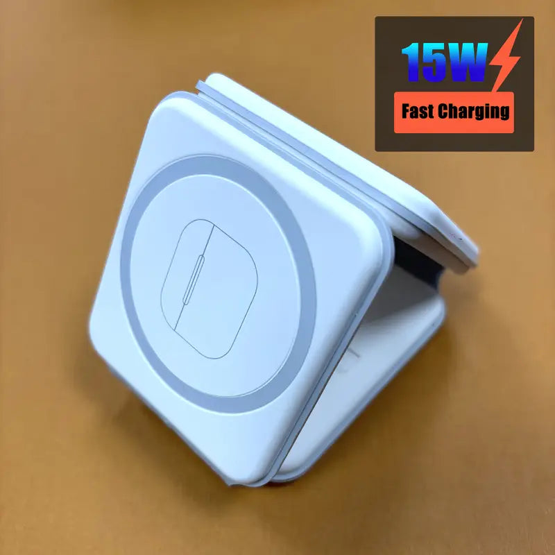 Caricabatterie Wireless Magnetico Pieghevole 3-in-1 da 15W, USB Type-C, Design Compatto per Smartphone & Dispositivi, Bianco, Caricatore Portatile