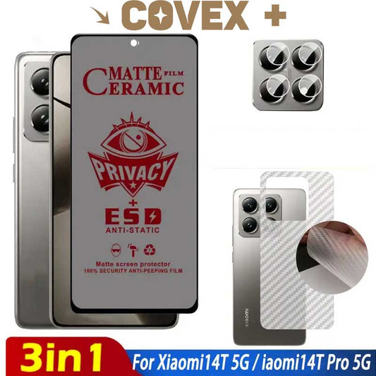 1 Set 3-in-1 Protezione Schermo Privacy per Xiaomi 14T/Pro, Vetro Temperato Anti-Spy Opaco, Pellicola Lente Fotocamera in Poliacetato, Copertura Posteriore Protettiva, Materiale Plastico